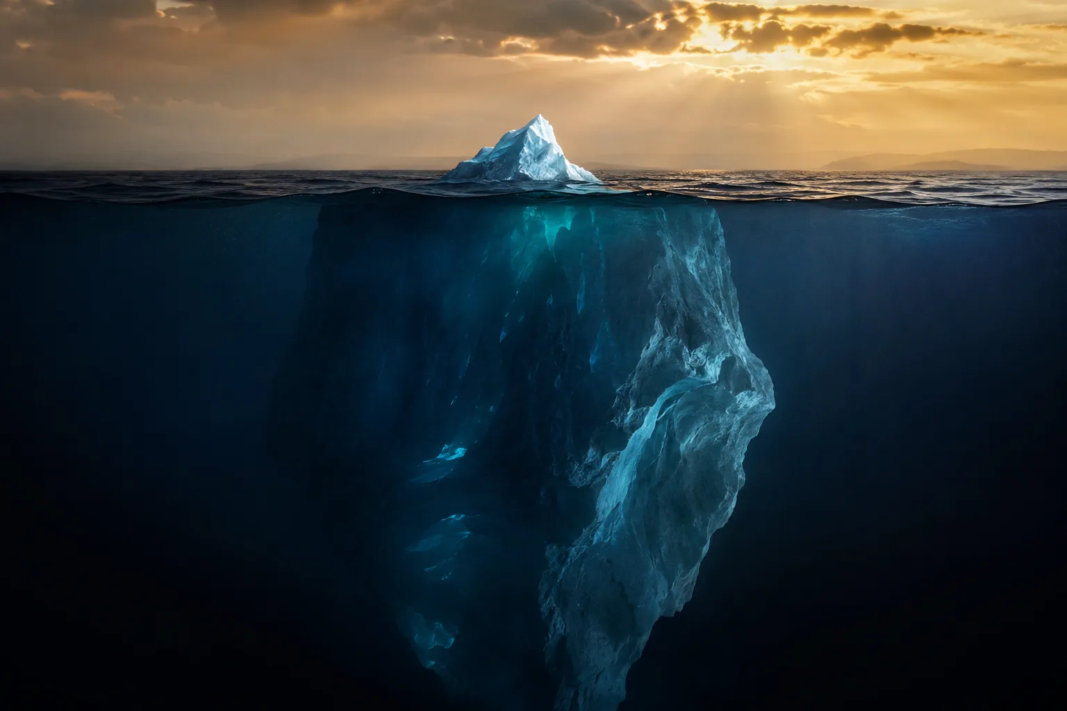 Illustration : l'iceberg du coût de l'IA. La partie visible — le prix du jeton — ne représente qu'une fraction du coût total réel.