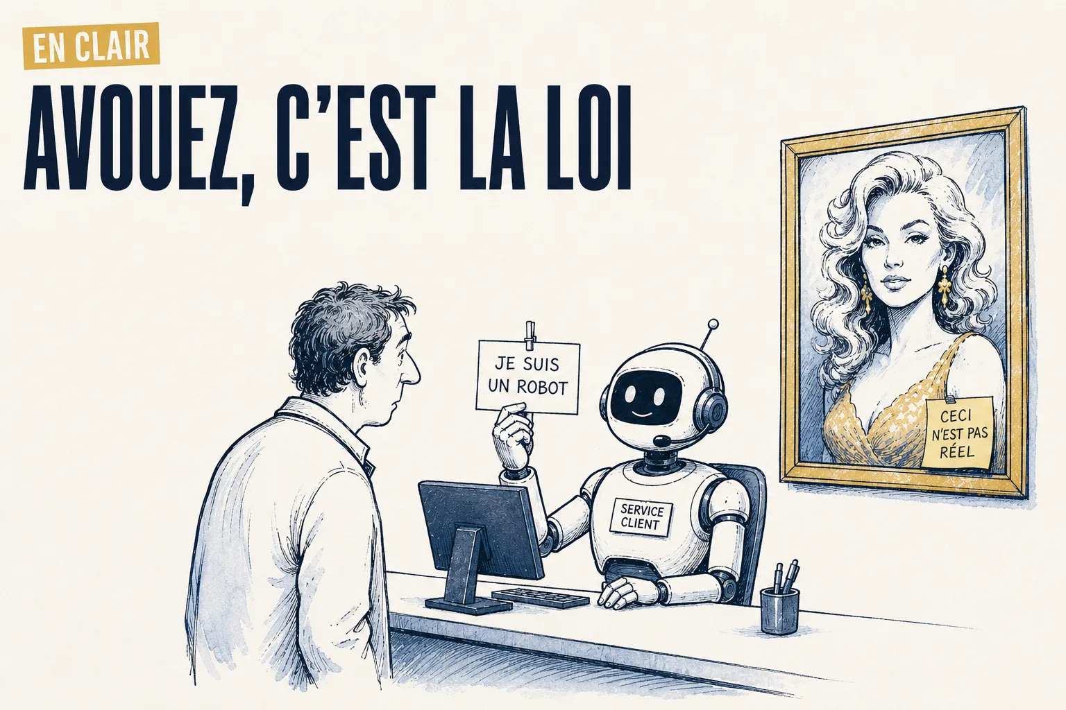 Dessin de presse : un robot de service client brandit une pancarte « je suis un robot » face à un client perplexe, tandis qu'un portrait glamour au mur porte une note « ceci n'est pas réel ».