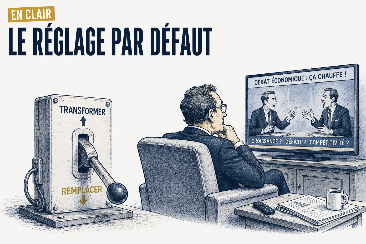 Dessin de presse : un levier à deux positions, « transformer » et « remplacer », reste sur « remplacer » pendant qu'un dirigeant distrait regarde un débat à la télévision.