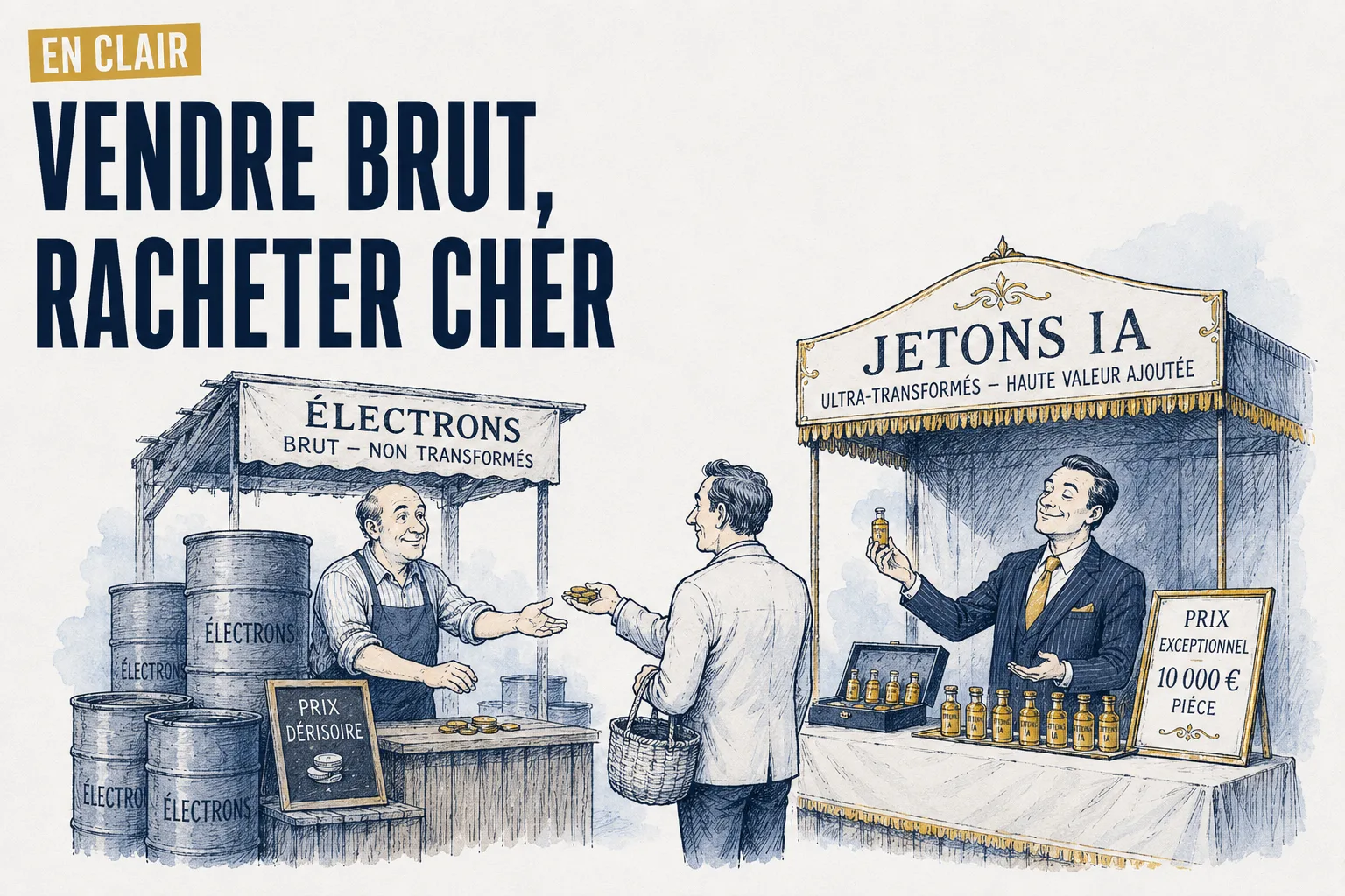 Dessin de presse : un marchand vend des barils « électrons » à prix dérisoire, pendant qu'un autre revend de minuscules fioles « jetons IA » à prix d'or au même client.