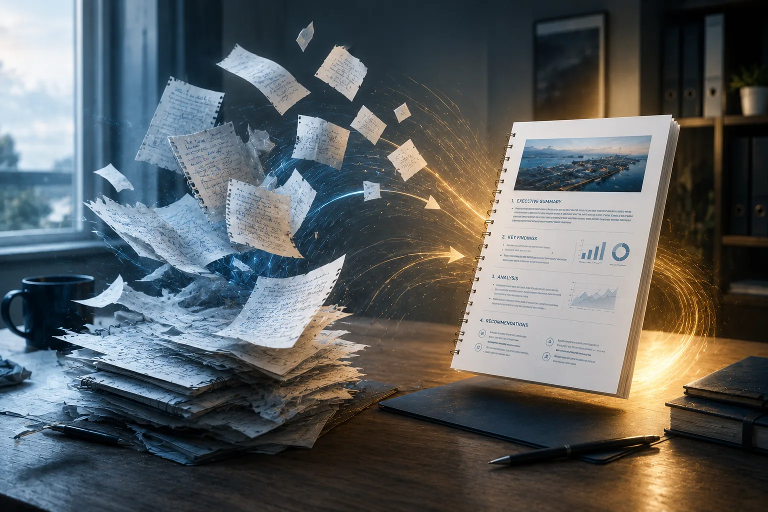Illustration : des notes de chantier manuscrites et éparses se réorganisent en un compte-rendu propre et structuré, au format de l'entreprise.