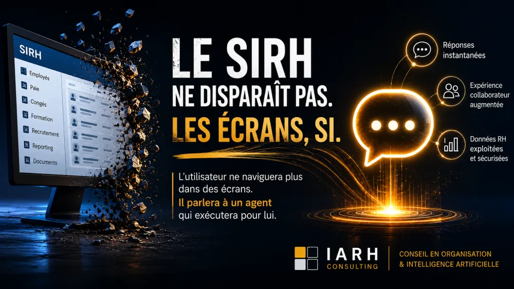 Bandeau IARH Consulting : « Le SIRH ne disparaît pas. Les écrans, si. » L'utilisateur ne navigue plus dans des écrans, il s'adresse à un agent qui exécute pour lui.